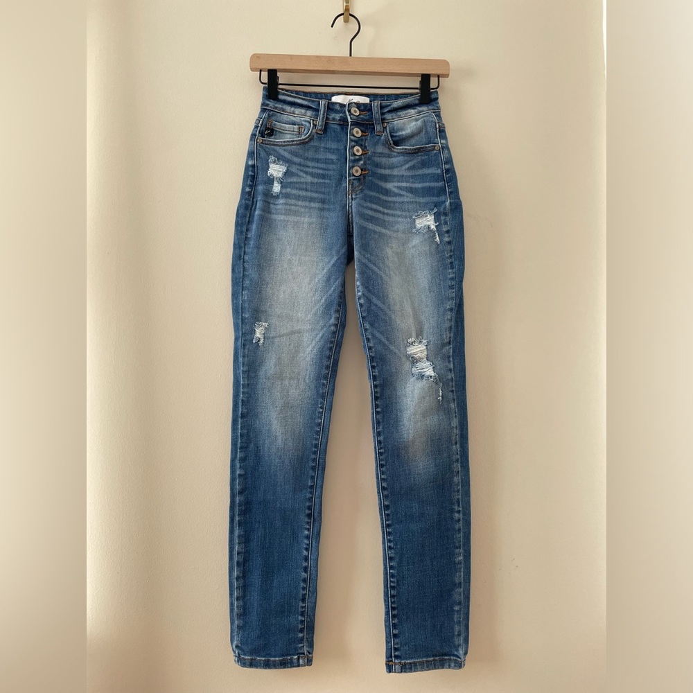 KanCan High Rise Factory Distressed Button Fly Skinny Jeans Size 1